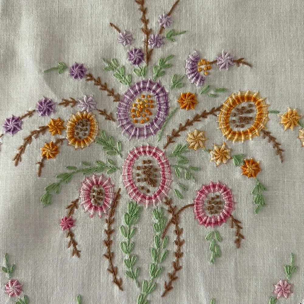 Vintage Embroidered Linen Dresser Scarf Runner Crochet Edge 34